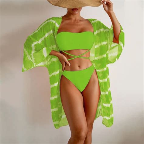 Beach Swimsuit Wavy Printing Mesh Cover Up Three Piece Bikini Set Bikini And Micro Bikini Price