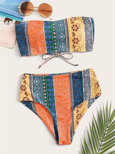 Tribal Lace Up Back Bandeau High Waisted Bikini Swimsuit Shein Usa