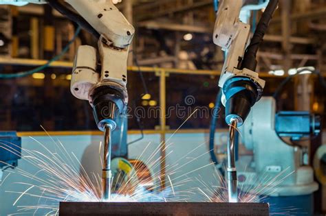 Teamroboter Schwei En Teil In Der Selbstbewegenden Industriellen Fabrik