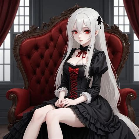 Anime Girl Vampire Pale Skin Long White Hair Red