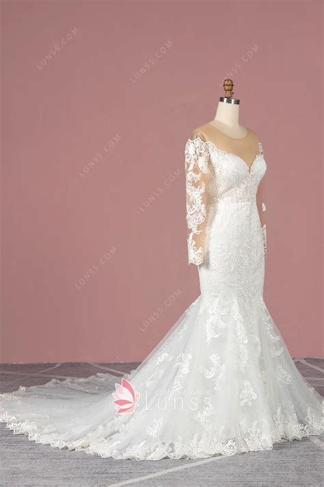 Ivory Lace Illusion Nude Tulle Mermaid Winter Bridal Gown Lunss