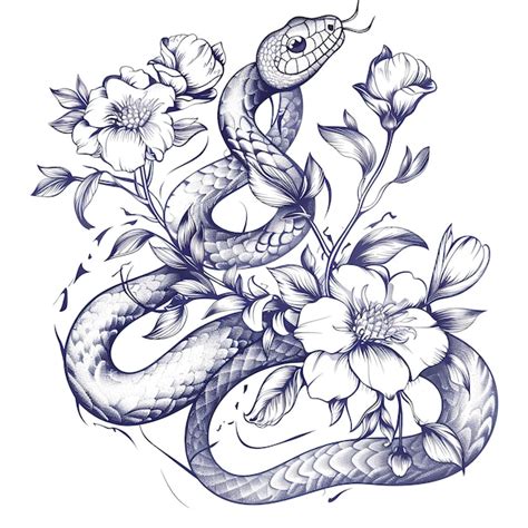 Hand drawing outline snake with flowers vector | Premium AI-generated