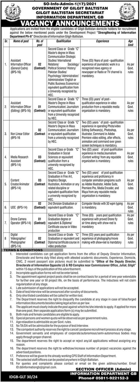 Gilgit Baltistan Secretariat Information Jobs 2024