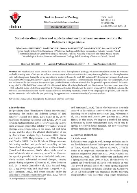 PDF Sexual Size Dimorphism And Sex Determination By External Measurements In The Redshank