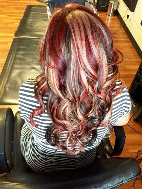 Brown Hair With Chunky Blonde And Red Highlights And Lowlights