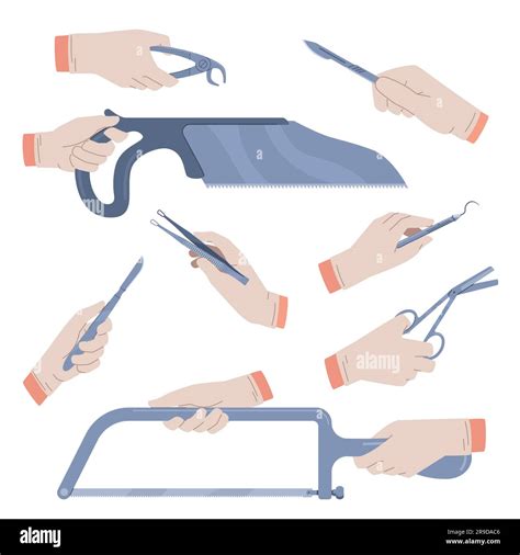 Hands In Medical Gloves Hold Surgical Instruments Flat Steel Tweezers