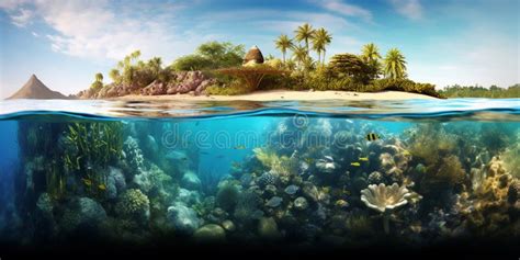 Underwater View Of Tropical Island With Coral Reef And Sandy Beach With