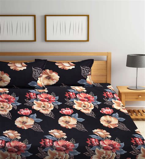 Buy Black Floral 300 Tc Cotton Blend Double King Sized Bedsheet With 2