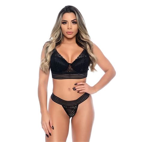 Conjunto de Lingerie Sexy Sutiã de renda e faixa tiras bojo Calcinha fio cor preto