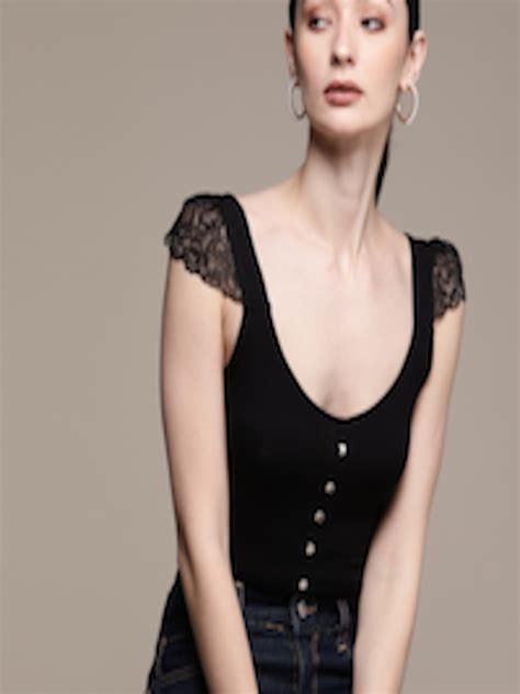 Buy Bebe Women Jet Black Season Staple Button Detailed Cap Sleeves Lace