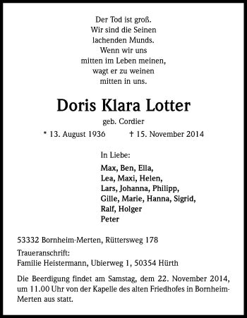 Traueranzeigen Von Doris Klara Lotter Wirtrauern