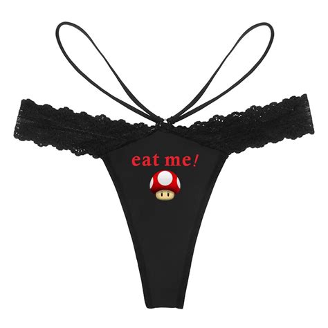 Red Mushroom EAT ME Print Women Sexy Lace Lingerie Temptation G String Naughty Underwear For
