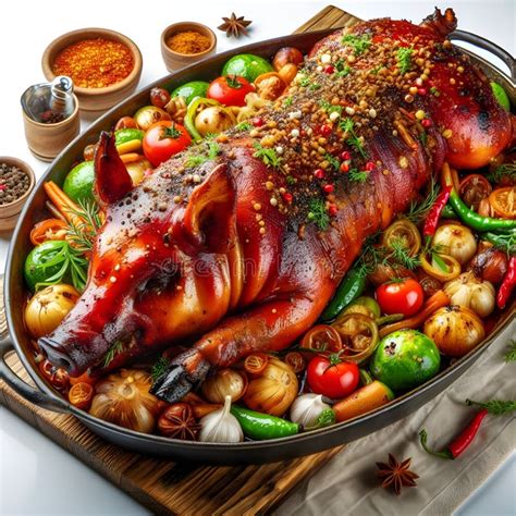 beautifully roasted  pig garnished  herbs  vegetables