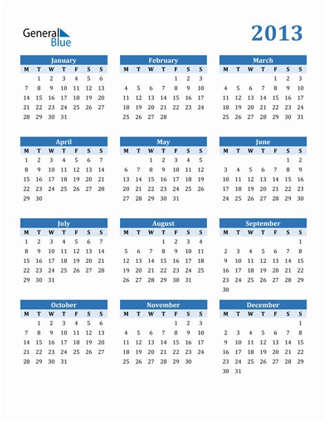 Free 2013 Year Calendar In Pdf Word And Excel