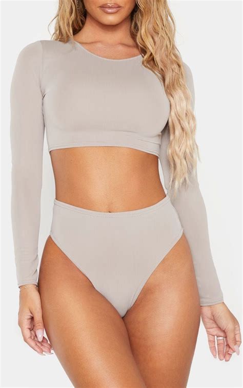 Grey High Waist High Leg Bikini Bottoms High Leg Bikini Long Sleeve