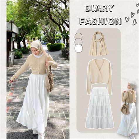 Jual One Set Hijab 3in1 Setelan Cewek Kekinian White Nude Outfit Ideas Cardigan Hijab Rok