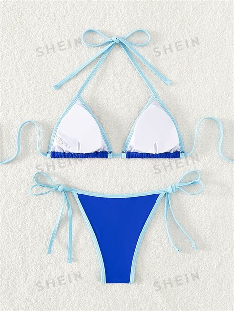 SHEIN Swim Dreieck Thong Bikini Set Mit Kontrastfarbenen Details Sommer Strand Aktuelle