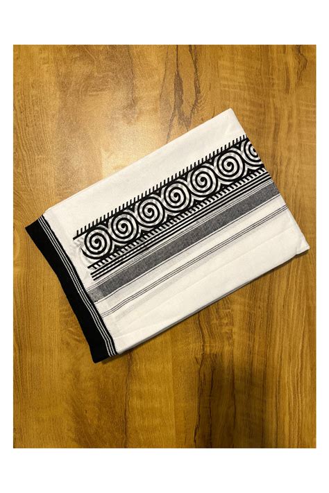 Southloom White With Black Printed Single Mundu Otta Mundu Lungi