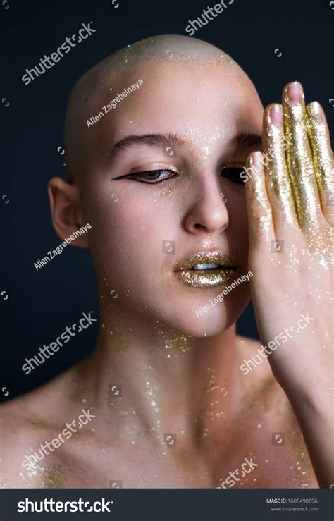 Photo Naked Bald Girl Gold Sparkles Stock Photo Shutterstock