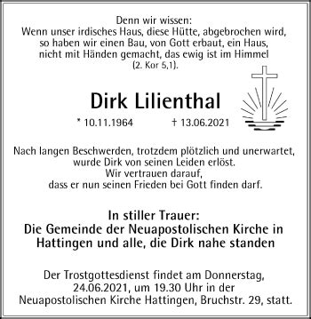 Traueranzeigen Von Dirk Lilienthal Trauer In NRW De