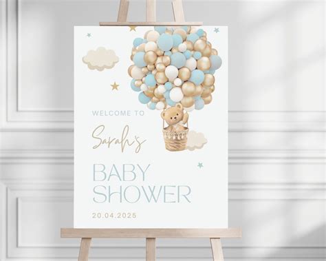 Editable Teddy Bear Baby Shower Welcome Sign Oh Baby Hot Air Balloon Welcome Sign Blue Baby