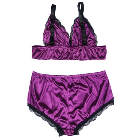 Sexy Purple Satin Spaghetti Strap Lace Trim Bra Top And Panty Lingerie Set N
