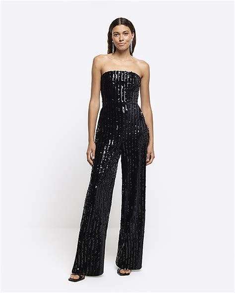 Black Velvet Sequin Bandeau Jumpsuit River Island