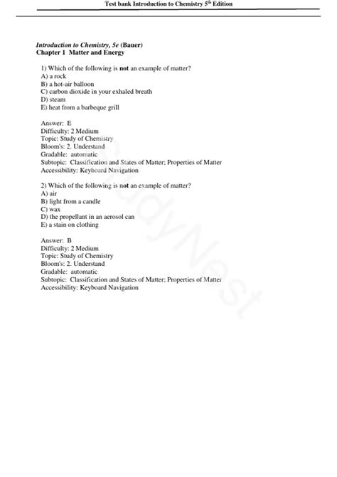 Test Bank For Introduction To Chemistry 5th Edition Bauer All Chapters 1 17 Complete Guide