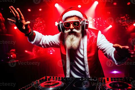 Crazy Santa Claus Dj With Headset Dance At Christmas Party With Disco