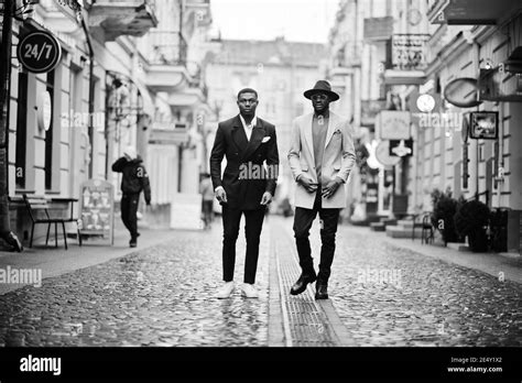 Two Fashion Black Men Walking On Street Fashionable Portrait Of