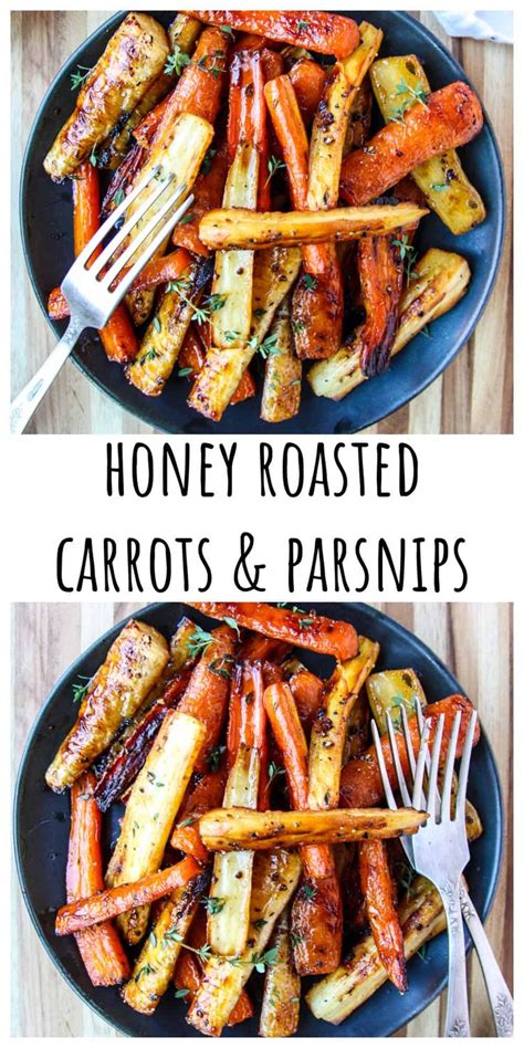 Honey Roasted Carrots And Parsnips On A Black Plate With A Fork