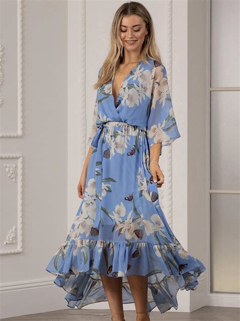 Dresses Yumi Urban Light Blue Floral Print Kimono Midi Wrap Dress Yumi