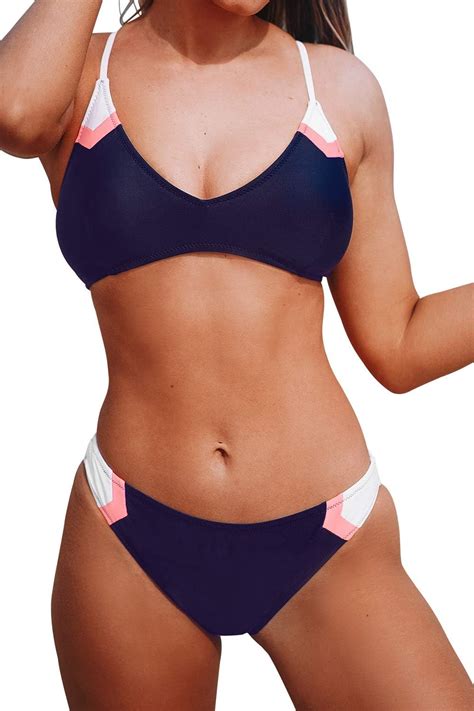 Amazon Cupshe Women S Navy Sport V Neck Lace Up Bikini S Clothing Shoes Jewelry