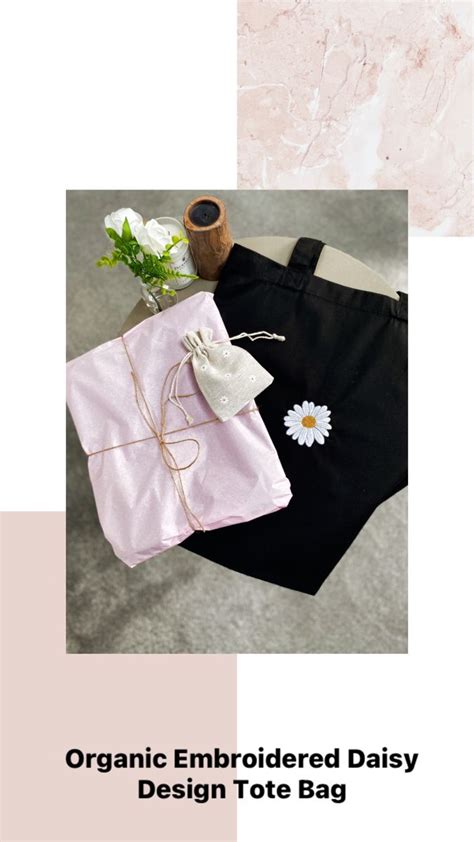 Black Organic Daisy Tote Bag - Premium Quality and Beautifully Embroidered