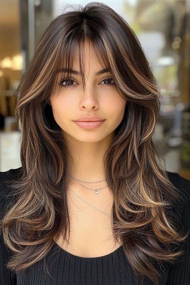 Curtain Bangs With Layered Long Hair Bold Brunette Layers With Face Framing Highlights