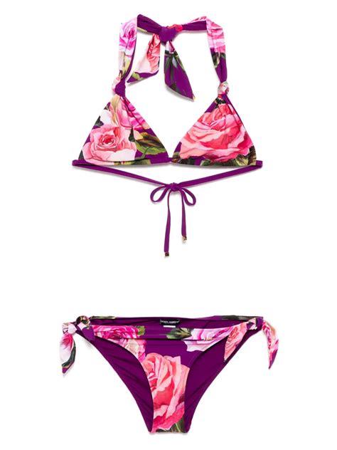 Dolce Gabbana Rose Print Padded Triangle Bikini Purple FARFETCH TR