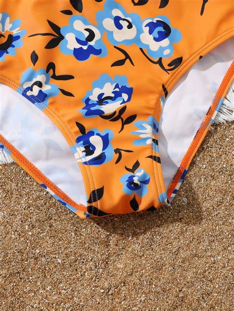 Girls Floral Print Halter Bikini Swimsuit With Cover Up Set SHEIN USA