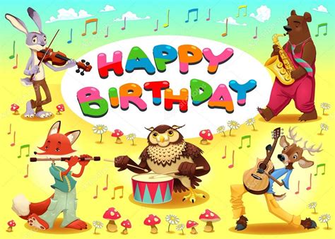 Carte De Joyeux Anniversaire Avec Des Animaux Musiciens Image