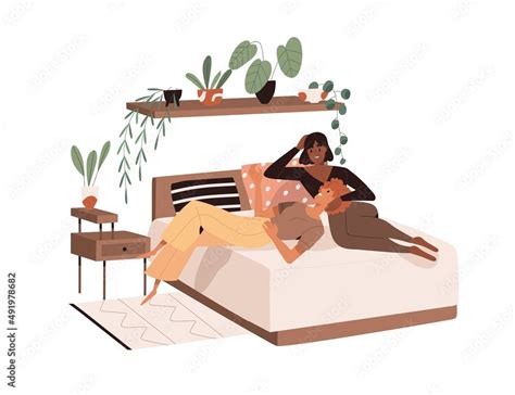 Lesbian Love Couple Lying On Bed At Home Women Romantic Homosexual Partners Relaxing In