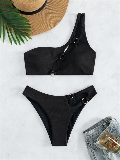 BOUDOIRCORE Ribbed Bikini Set Ring Linked One Shoulder Bra Bikini Bottom 2 Piece Bathing Suit