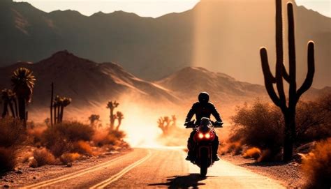 Um Motociclista Percorre Uma Estrada Uma Placa Que Diz Palm Springs