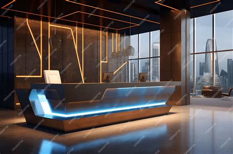 Premium AI Image | Modern Hotel Lobby with an LEDLit Reception Desk