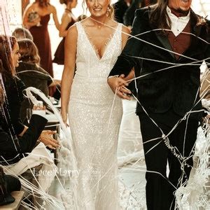 MARGO Beaded Sheath Wedding Dress In Nude Color V Neckline Wedding Dress With Train