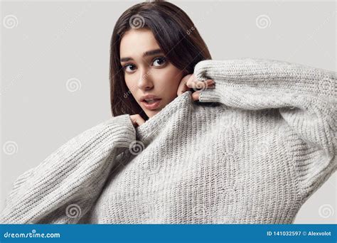 Beautiful Brunette Woman In Sweater Posing In Studio Stock Image Image Of Lady Attractive