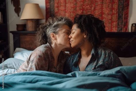 Mature Lesbians Kissing Together In Bed Generative Ai Stock Illustration Adobe Stock