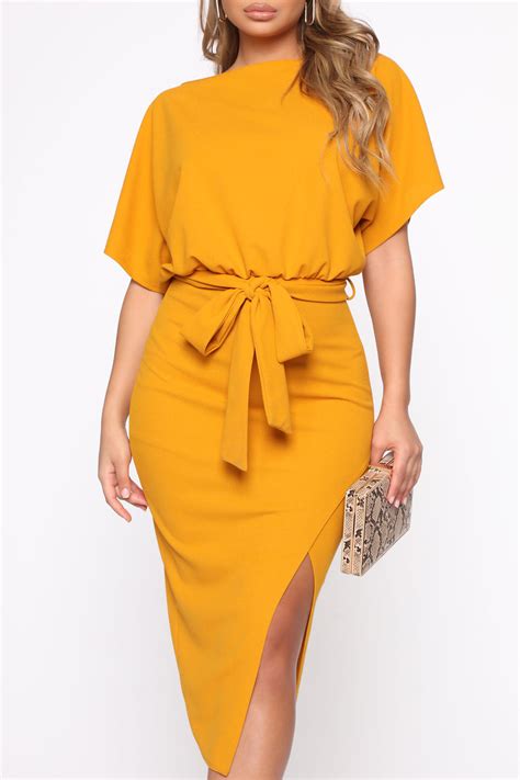 Please Hold Midi Dress Mustard Fashion Nova