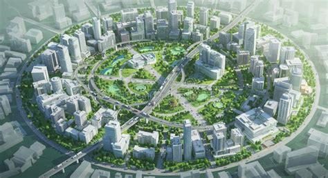 Circular Cityscape Featuring Modern Skyscrapers Surrounding a Central