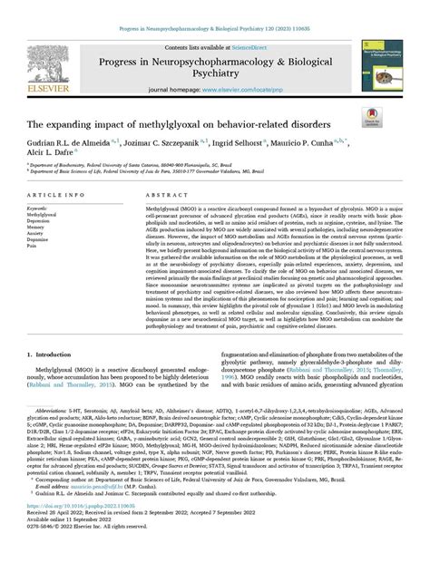 PDF The Expanding Impact Of Methylglyoxal On Behavior Related Disorders