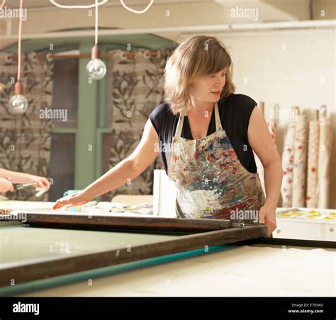 Woman Hand Printing Textile In Workshop Stock Photo Alamy