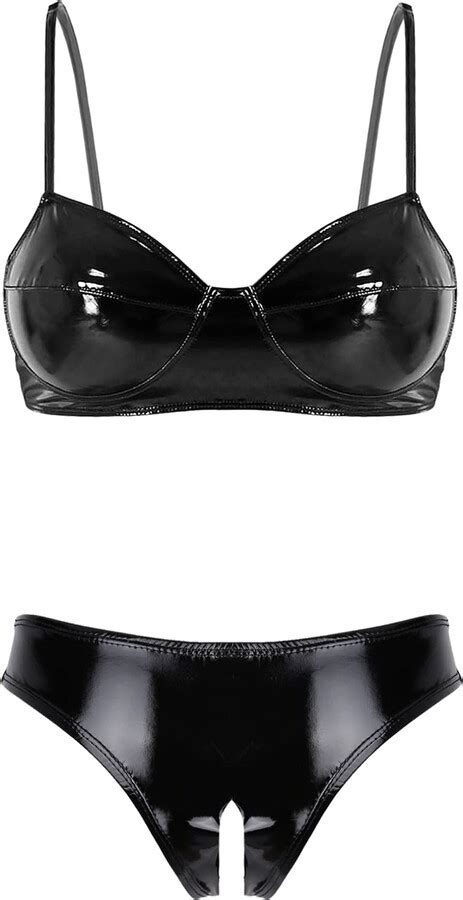 Iiniim Women Two Piece Patent Leather Lingerie Set Bra Top Mini Triangle Thongs Bikinis Set